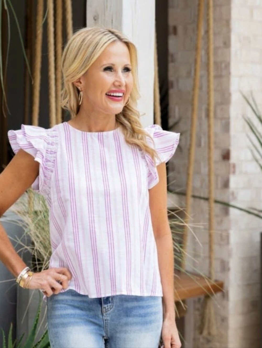 mine Pink-and-White Striped Ruffle-Sleeve Blouse